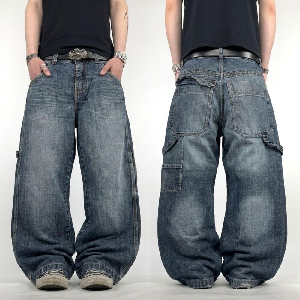 Vintage y2k grunge embroidered faded stonewash archive baggy jeans